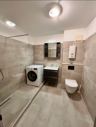 Moderne Badezimmerausstattung mit Waschmaschine, WC und Waschbecken.